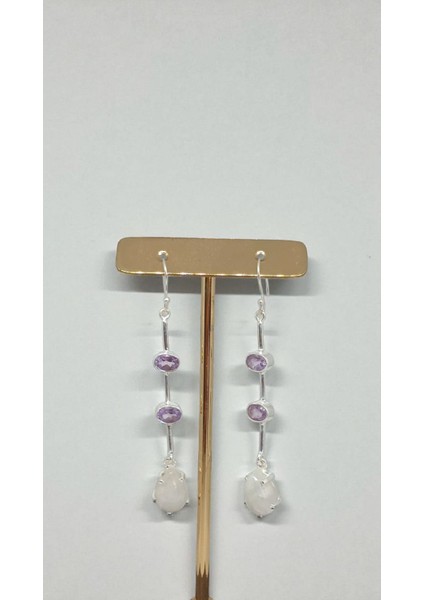 Ay Taşı ve Ametist Taşlı El Işçiliği 925 Ayar Gümüş Uzun Küpe fırsatları