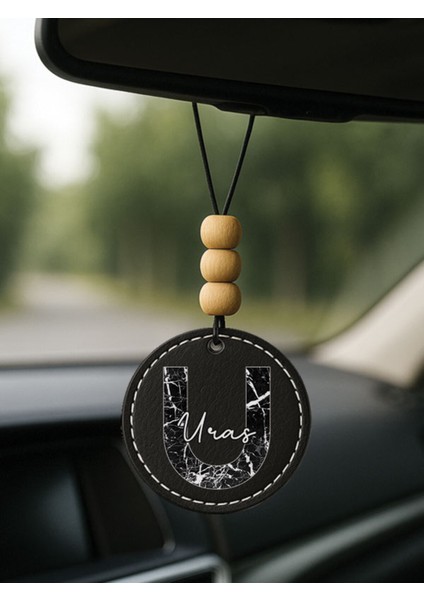 Kişiye Özel Isim Yazılı 1.sınıf Deri Oto Aksesuar Dikiz Aynası Süsü Siyah - U Harfi