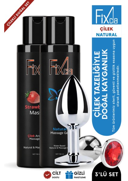 Çilek Aromalı & Natural Masaj Jeli + Taşlı Metal Plug 3’lü Doğal Kayganlık Seti