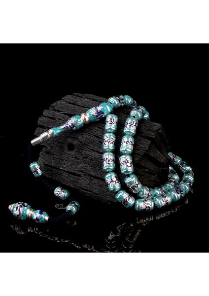 925 Ayar Gümüş Kapsül Kesim Turkuaz Mavi Mineli Tesbih