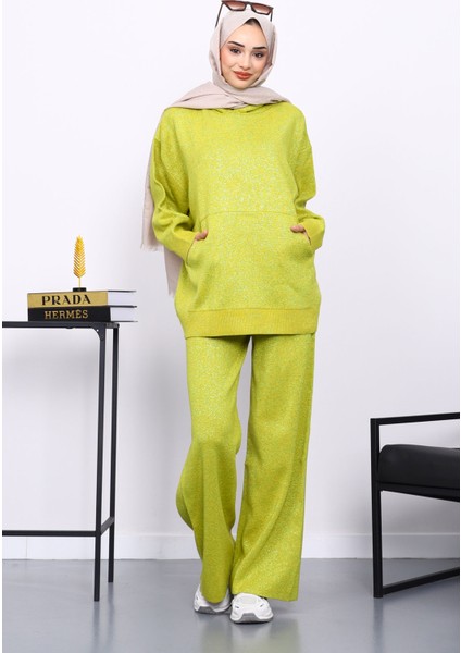Yağ Yeşili Kapşonlu Kanguru Cepli Pantolonlu Triko Takım