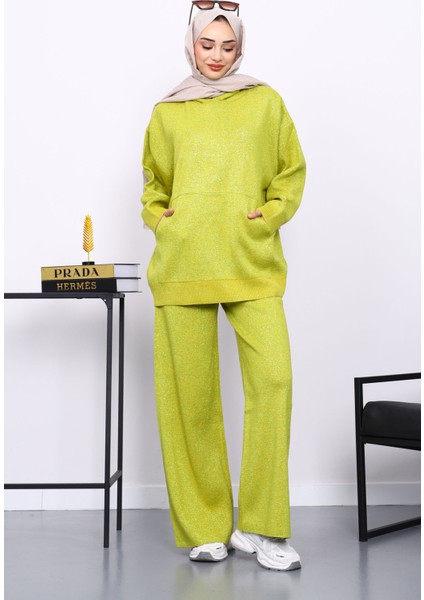 Yağ Yeşili Kapşonlu Kanguru Cepli Pantolonlu Triko Takım fiyatları
