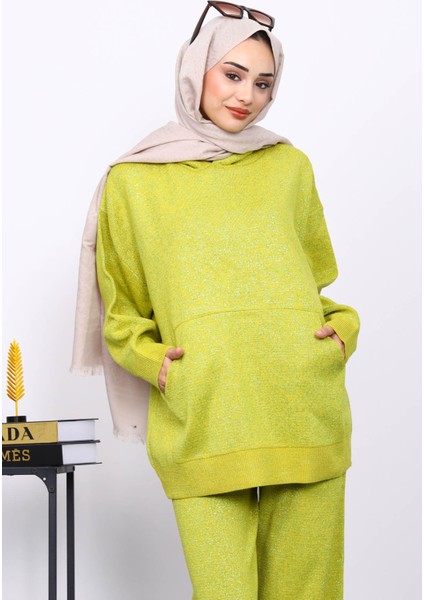 Yağ Yeşili Kapşonlu Kanguru Cepli Pantolonlu Triko Takım modelleri
