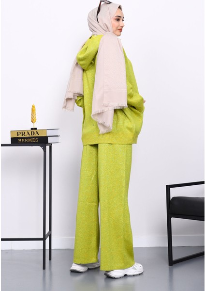 Yağ Yeşili Kapşonlu Kanguru Cepli Pantolonlu Triko Takım fırsatları