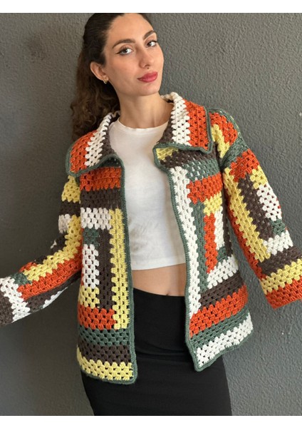 El Örgüsü Renkli Bloklu Kadın Hırka