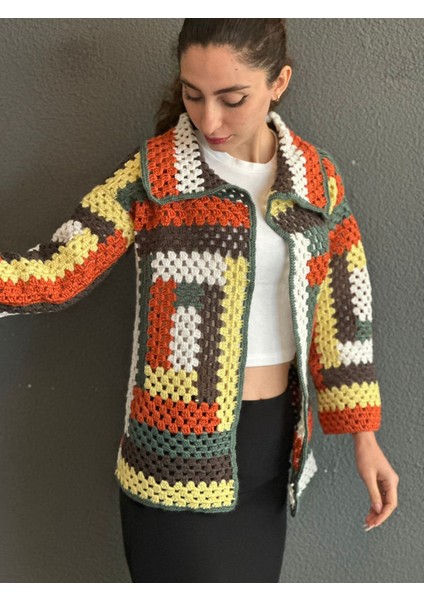 El Örgüsü Renkli Bloklu Kadın Hırka modelleri