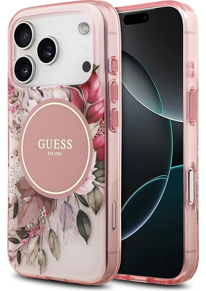 iPhone 17 Pro Max Uyumlu Kılıf Guess Lisanslı M-Safe Şarj Özellikli Flower Tonal Circle Kapak Pembe