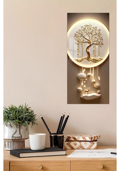 Altın Ağaç ve Geyik Figürlü Temperli Cam Dik Tablo 30X60 cm Ebadında Uv Baskı - DCT043 fiyatları