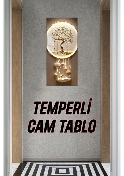 Altın Ağaç ve Geyik Figürlü Temperli Cam Dik Tablo 30X60 cm Ebadında Uv Baskı - DCT043