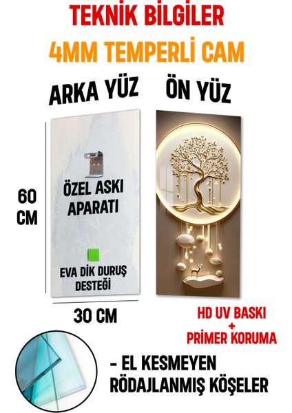 Altın Ağaç ve Geyik Figürlü Temperli Cam Dik Tablo 30X60 cm Ebadında Uv Baskı - DCT043