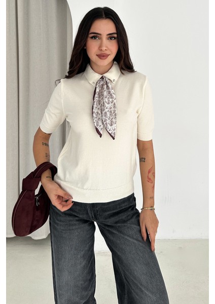 Kadın Polo Yaka Düğmeli Fular Detay Triko Kazak – Retro Accent