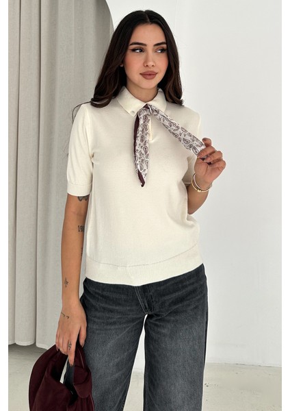 Kadın Polo Yaka Düğmeli Fular Detay Triko Kazak – Retro Accent fiyatları