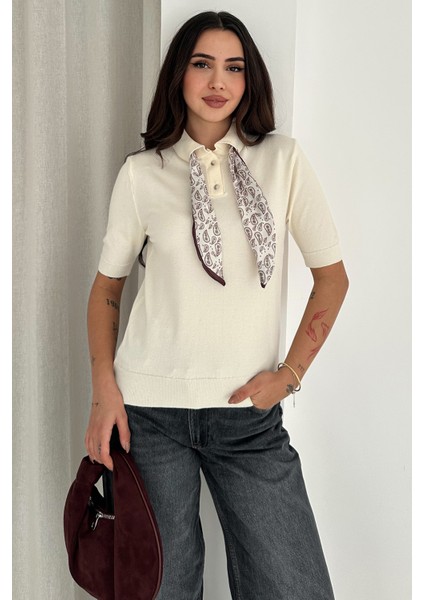 Kadın Polo Yaka Düğmeli Fular Detay Triko Kazak – Retro Accent fırsatları