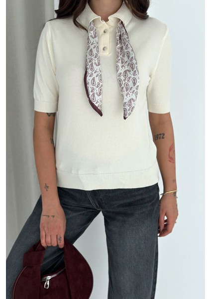 Kadın Polo Yaka Düğmeli Fular Detay Triko Kazak – Retro Accent indirimleri