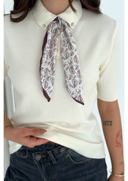 Kadın Polo Yaka Düğmeli Fular Detay Triko Kazak – Retro Accent