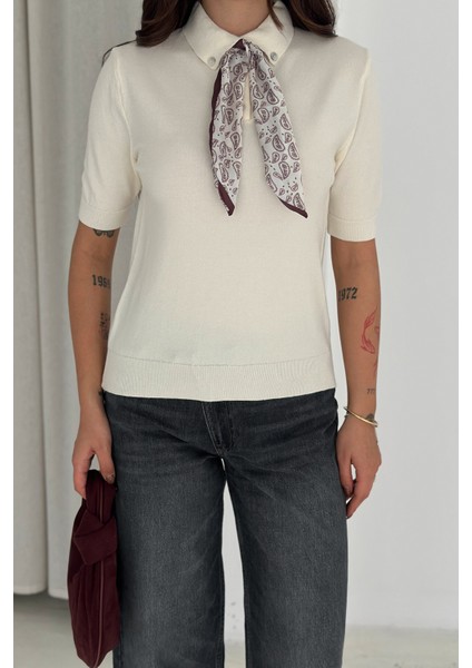 Kadın Polo Yaka Düğmeli Fular Detay Triko Kazak – Retro Accent