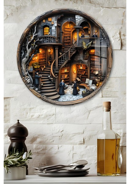 3D Görünümlü Temperli Cam Tablo – Büyülü Kütüphane Temalı Duvar Süsü Uv Baskı 33X33 cm CDS003