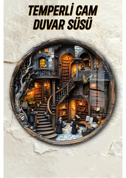 3D Görünümlü Temperli Cam Tablo – Büyülü Kütüphane Temalı Duvar Süsü Uv Baskı 33X33 cm CDS003 fiyatları