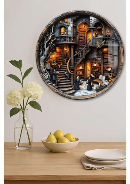 3D Görünümlü Temperli Cam Tablo – Büyülü Kütüphane Temalı Duvar Süsü Uv Baskı 33X33 cm CDS003 indirimleri
