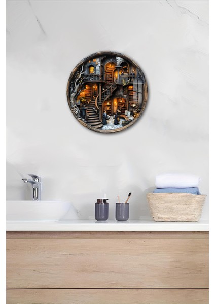 3D Görünümlü Temperli Cam Tablo – Büyülü Kütüphane Temalı Duvar Süsü Uv Baskı 33X33 cm CDS003