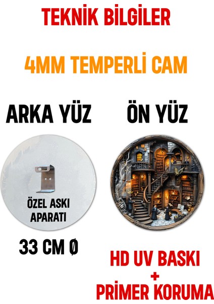 3D Görünümlü Temperli Cam Tablo – Büyülü Kütüphane Temalı Duvar Süsü Uv Baskı 33X33 cm CDS003