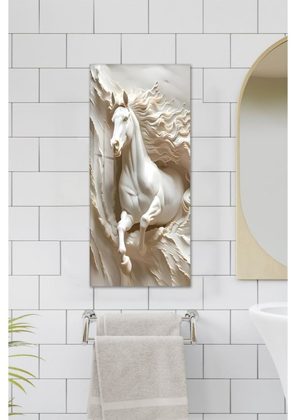 Beyaz At Temalı Temperli Cam Dik Tablo 30X60 cm Ebadında Uv Baskı - DCT052