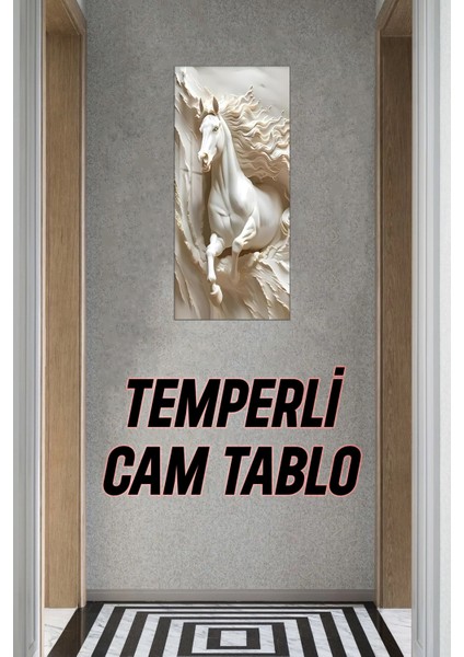 Beyaz At Temalı Temperli Cam Dik Tablo 30X60 cm Ebadında Uv Baskı - DCT052 indirimleri