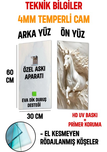 Beyaz At Temalı Temperli Cam Dik Tablo 30X60 cm Ebadında Uv Baskı - DCT052