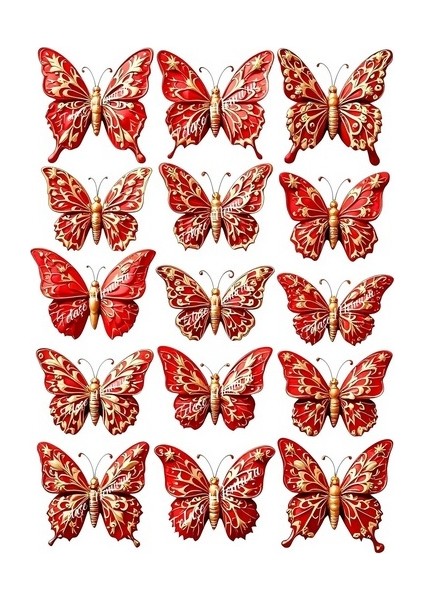 Yenilebilir Pasta Süsü Kelebek - Doğum Günü Yenilebilir Kağıt Kelebek Pasta Süsü - Kırmızı Gold