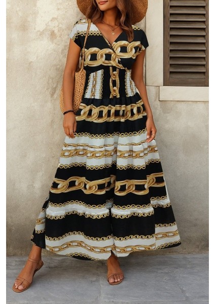 Kadın Kısa Kollu Kruvaze Yaka Beli Lastikli Süprem Maksi Boy Elbise