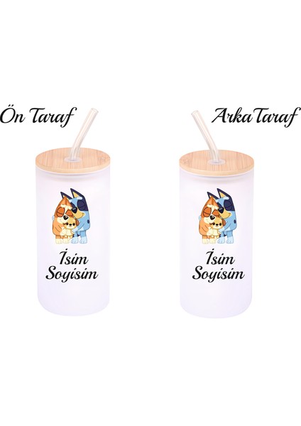 Kişiye Özel Bluey Temalı Buzlu Pipetli Cam Suluk