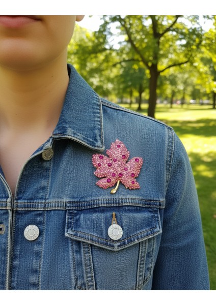 Pembe Zirkon Taşlı Çınar Yaprağı Broş, Kadın Yaka Iğnesi, Hediyelik Broş