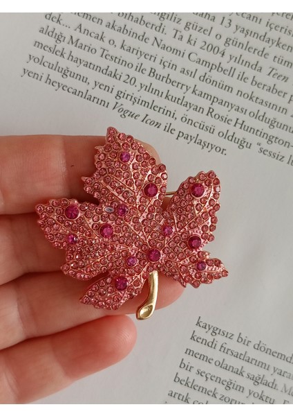 Pembe Zirkon Taşlı Çınar Yaprağı Broş, Kadın Yaka Iğnesi, Hediyelik Broş fiyatları