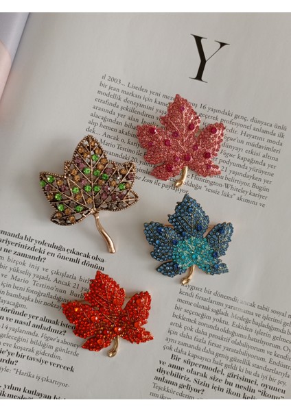 Pembe Zirkon Taşlı Çınar Yaprağı Broş, Kadın Yaka Iğnesi, Hediyelik Broş indirimleri