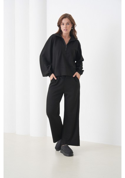 Kadın Oversize Fermuarlı Kapüşonlu Sweatshirt Geniş Paça Tesettüre Uygun Spor Şık Eşofman Takımı