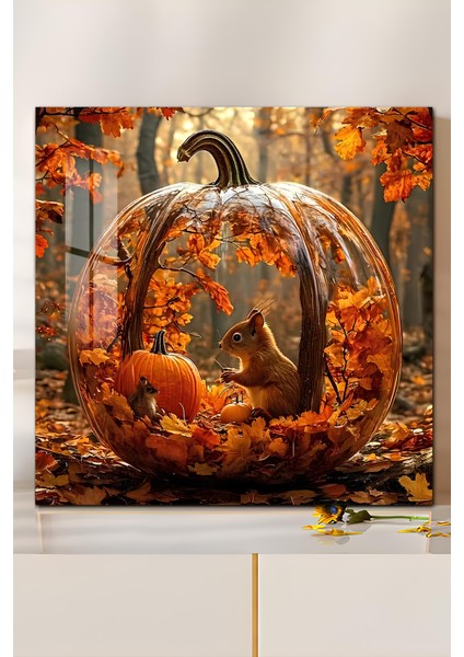 3D Görünümlü Temperli Cam Tablo – Sonbahar Balkabağı ve Orman Hayvanları Uv Baskı 33X33 CM-CTK070