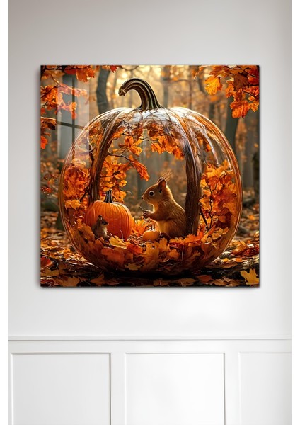 3D Görünümlü Temperli Cam Tablo – Sonbahar Balkabağı ve Orman Hayvanları Uv Baskı 33X33 CM-CTK070 fiyatları