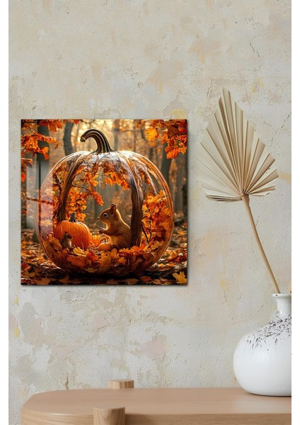 3D Görünümlü Temperli Cam Tablo – Sonbahar Balkabağı ve Orman Hayvanları Uv Baskı 33X33 CM-CTK070 modelleri