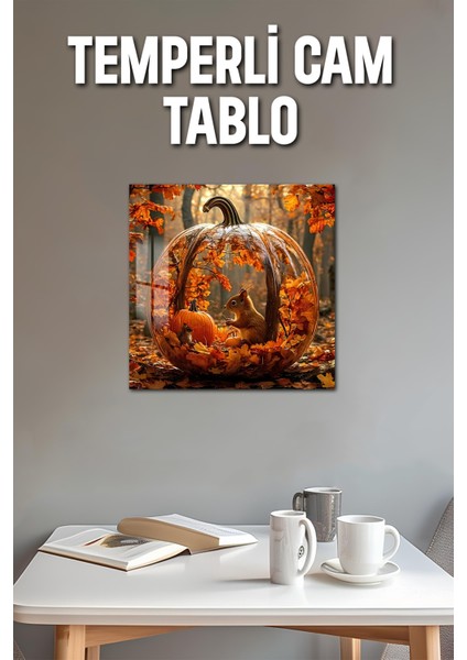 3D Görünümlü Temperli Cam Tablo – Sonbahar Balkabağı ve Orman Hayvanları Uv Baskı 33X33 CM-CTK070