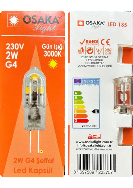 (6 adet) OSAKA 2W Sarı Işık (3000K) G4 Duylu LED Kapsül Ampul modelleri
