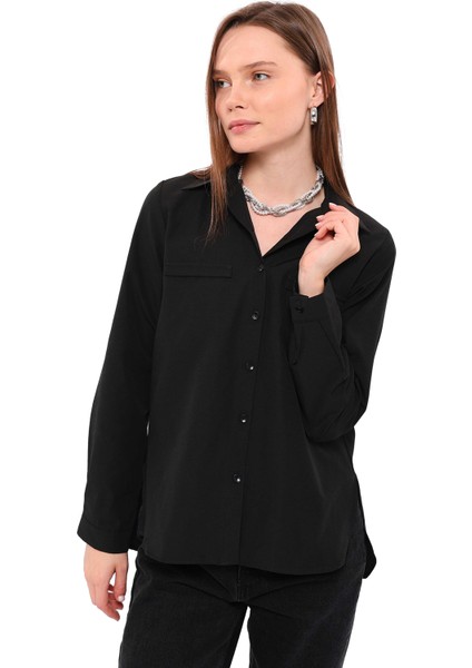Kadın Cep Detaylı Uzun Kollu Basic Gömlek