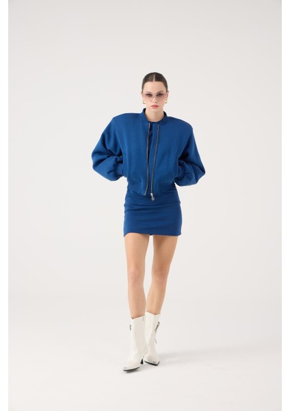 Crop Kesim Vatkalı Alexa Bomber Ceket Mavi