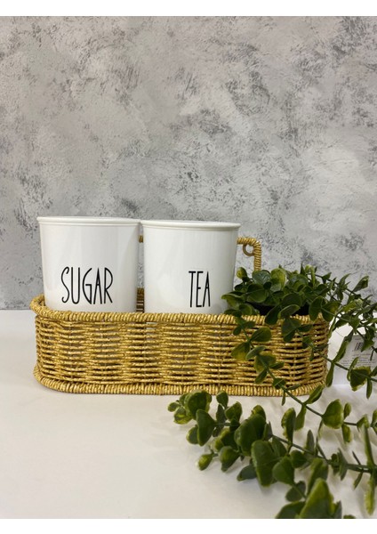 2li Rattan Sepetli Akrilik (Plastik) Çay/şeker Kavanozu Sarkan Çiçek Hediyeli 4lü Set Asılabilir Sepet