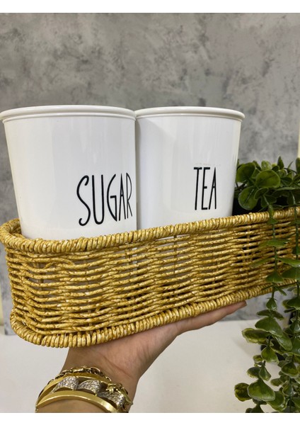 2li Rattan Sepetli Akrilik (Plastik) Çay/şeker Kavanozu Sarkan Çiçek Hediyeli 4lü Set Asılabilir Sepet modelleri