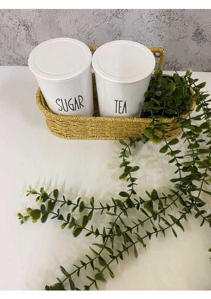 2li Rattan Sepetli Akrilik (Plastik) Çay/şeker Kavanozu Sarkan Çiçek Hediyeli 4lü Set Asılabilir Sepet