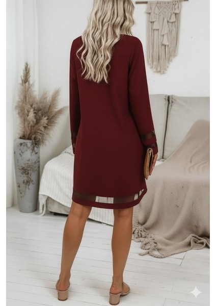 Kadın Uzun Kollu V Yakalı Tül Şerit Detaylı Mini Krep Elbise modelleri