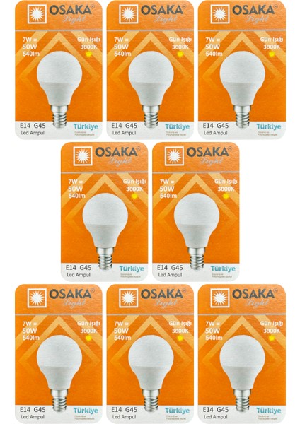 (8 adet) Osaka 7W (50W) Sarı IŞIK E14 DUYLU (Ince Duy) LED Mini Ampul