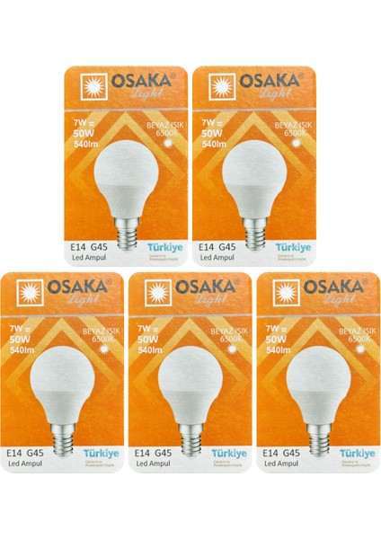 (5 adet) Osaka 7W (50W) Beyaz IŞIK E14 DUYLU (Ince Duy) LED Mini Ampul