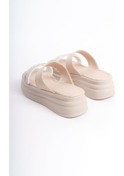 Sarah Düz Topuklu Taşlı Şeritli Kalın ve Ortopedik Taban Kadın Terlik Ckt - Krem fırsatları