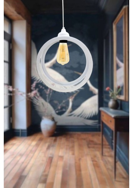 Beyaz Endüstriyel Metal Hasır Tel Dairesel Model Hol Mutfak Tekli Sarkıt Avize Aydınlatma